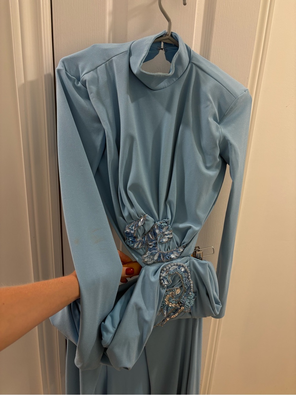 Albina Dyla Light Blue Long Sleeve Evening Dress with Embellished Waist